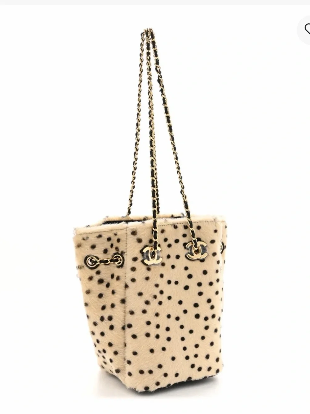 2026 Chanel Pony Hair Cheetah Fur Bucket Bag with Chain Straps - Beige/Black